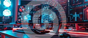 Advanced technology setup featuring multiple monitors displaying complex data streams