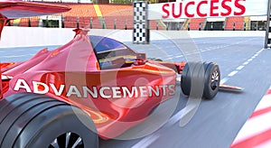 Advancements and success - pictured as word Advancements and a f1 car, to symbolize that Advancements can help achieving success