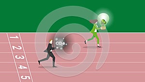 An advantage businesswoman holds a tree light bulb and a follower holds CO2e gas, run on racetrack