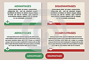 Advantage Disadvantage message windows. Pros Cons. Design template for articles, weighing facts. Did you know. Vector