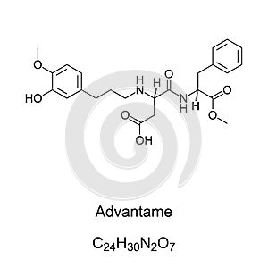 Advantame, sugar substitute, chemical formula and skeletal structure photo