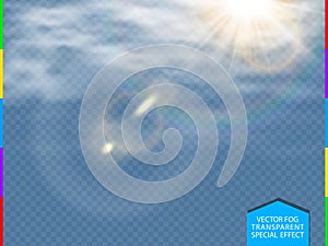 Advection white vector cloud with sunlight lens flare isolated translucent special effect. Sun, fog or smog on spring blue