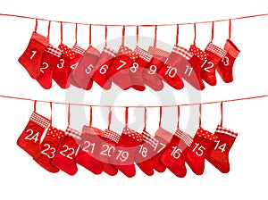 Advent calendar 1-24. Red christmas stocking gift bags decoration