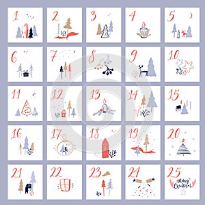 Advent calendar, 24 days till Christmas. Square vector template with hand drawn doodles of houses, fox, decorated tree