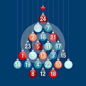 Advent Calendar Abstract Tree Of Hanging Glossy Christmas Baubles Blue And Red