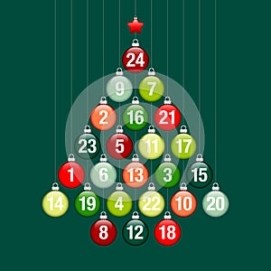 Advent Calendar Abstract Tree Of Hanging Glossy Christmas Baubles Green And Red