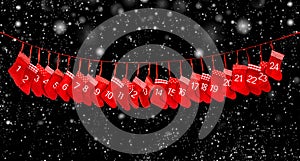 Advent calendar banner. Red christmas stocking black background