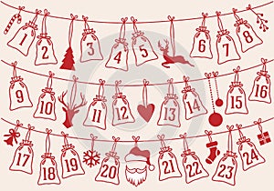 Advent calendar with Christmas bags, vector set