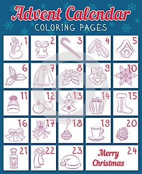 Advent calendar with Christmas coloring pages. Festive winter and New Year symbols. Hand drawing style. Vector photo