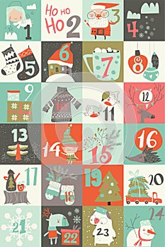 Advent calendar with christmas decoration and characters