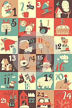 Advent calendar with christmas decoration and characters