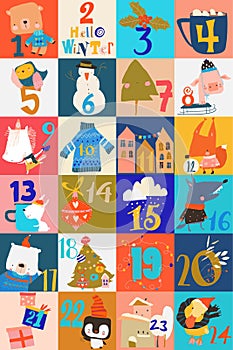 Advent calendar with christmas decoration and characters