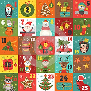 Advent calendar with christmas decorations and christmas characters