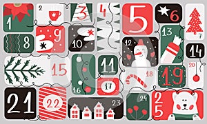 Advent calendar with christmas elements. For calendars, children`s magazines, stickers.