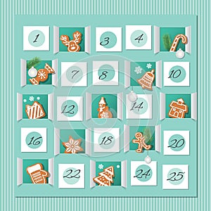 Advent calendar, decorated wirh gingerbread cookies. Countdown to Christmas. Vector