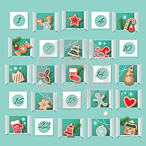 Advent calendar, decorated wirh gingerbread cookies. Countdown to Christmas. Vector