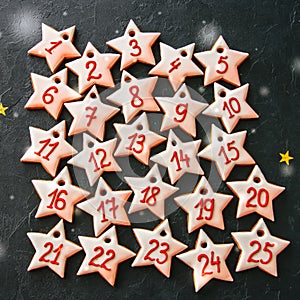 Advent calendar from gingerbread star cookies. Numbers from 1 to