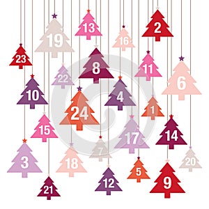 Advent Calendar Hanging Christmas Trees Red Purple Pink Orange