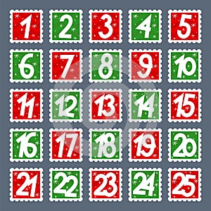 Advent calendar. Postage stamps stickers with numbers