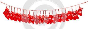 Advent calendar. Red christmas socks. Holidays decoration