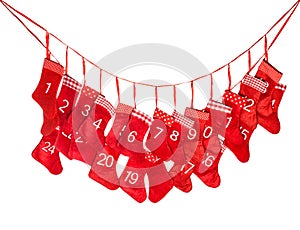 Advent calendar. Red christmas stocking decoration