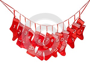 Advent calendar. Red christmas stocking isolated on white