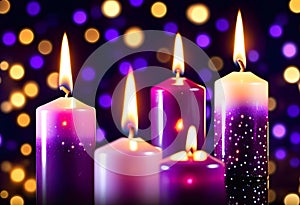 Advent Candles Burning In The Dark With Purple Glitter