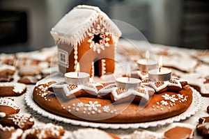 Advent candlestick with four lighted candles and christmas homemade gingerbread house