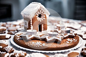 Advent candlestick with four lighted candles and christmas homemade gingerbread house