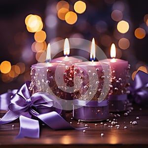 Advent, Four Christmas Purple Candles With Soft Blurry Lights And Glittering On Flames
