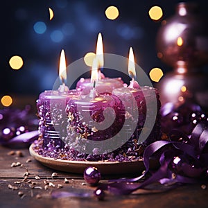 Advent, Four Christmas Purple Candles With Soft Blurry Lights And Glittering On Flames