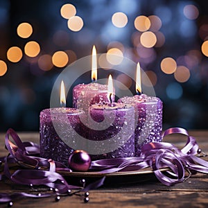 Advent, Four Christmas Purple Candles With Soft Blurry Lights And Glittering On Flames