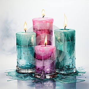 Advent, Four Christmas Purple Candles With Soft Blurry Lights And Glittering On Flames