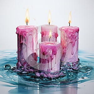 Advent, Four Christmas Purple Candles With Soft Blurry Lights And Glittering On Flames