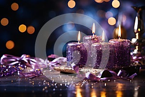 Advent, Four Christmas Purple Candles With Soft Blurry Lights And Glittering On Flames