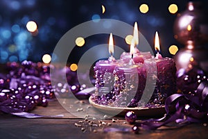 Advent, Four Christmas Purple Candles With Soft Blurry Lights And Glittering On Flames