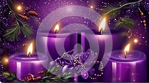 Advent - Four Purple Candles With Christmas Ornament In Shiny Night