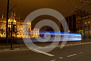 Advent tram in front of the Parliament Building, Budapest, Hungary