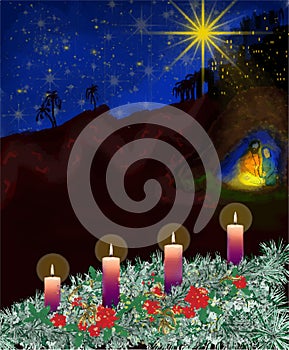 Advent wreath with Christmas Nativity scenery - Advnt as a path