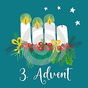 Advent wreath illustration. Christmas arrangements with 4 candles, two burning, bows, berries and pine branches. 2nd