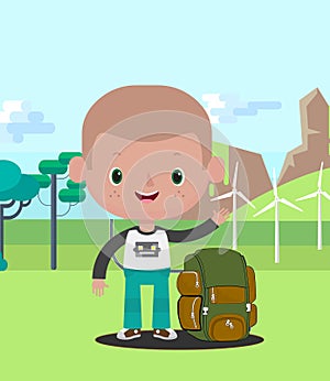 Adventure Awaits: Cartoon Freckled Boy with Backpack in Windmill Field