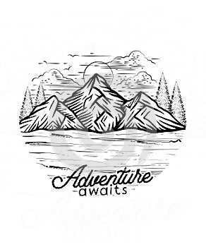 Adventure awaits line art vector t shirt design illustration