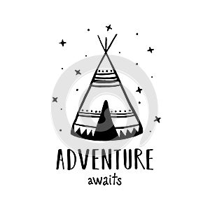 Adventure awaits scandinavian style hand drawn poster. Vector illustration.