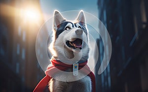 Adventure Awaits Superhero Huskie in Cinematic Moodon City Background. Generative AI