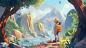 An adventure background featuring a man in a mountain wonderland. Trees and landscape in the forest with a character