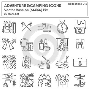 Adventure Backpack and Activity Camping Outdoor Icon Set, Leisure Activity Campfire Travel Picnic in The Nature Park. Survival