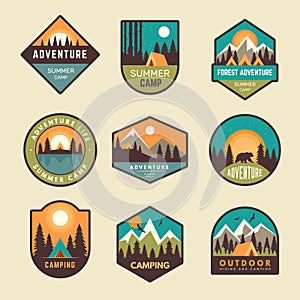 Adventure badges. Summer camp mountains forest hiking exploring scout outdoor labels hipster stickers recent vector