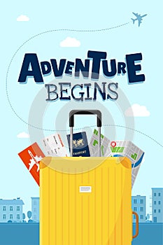 Adventure begins advertising vacation travel poster design concept. Yellow suitcase luggage with map, flight ticket and