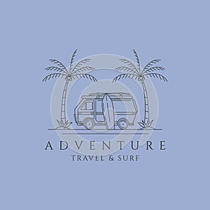 adventure camper van and surf line art illustration logo design