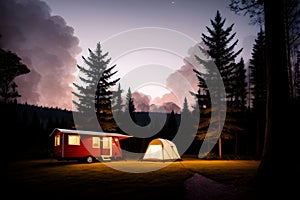 Adventure camping forest for childrens books illustrations Generative AI night time jungle landscape